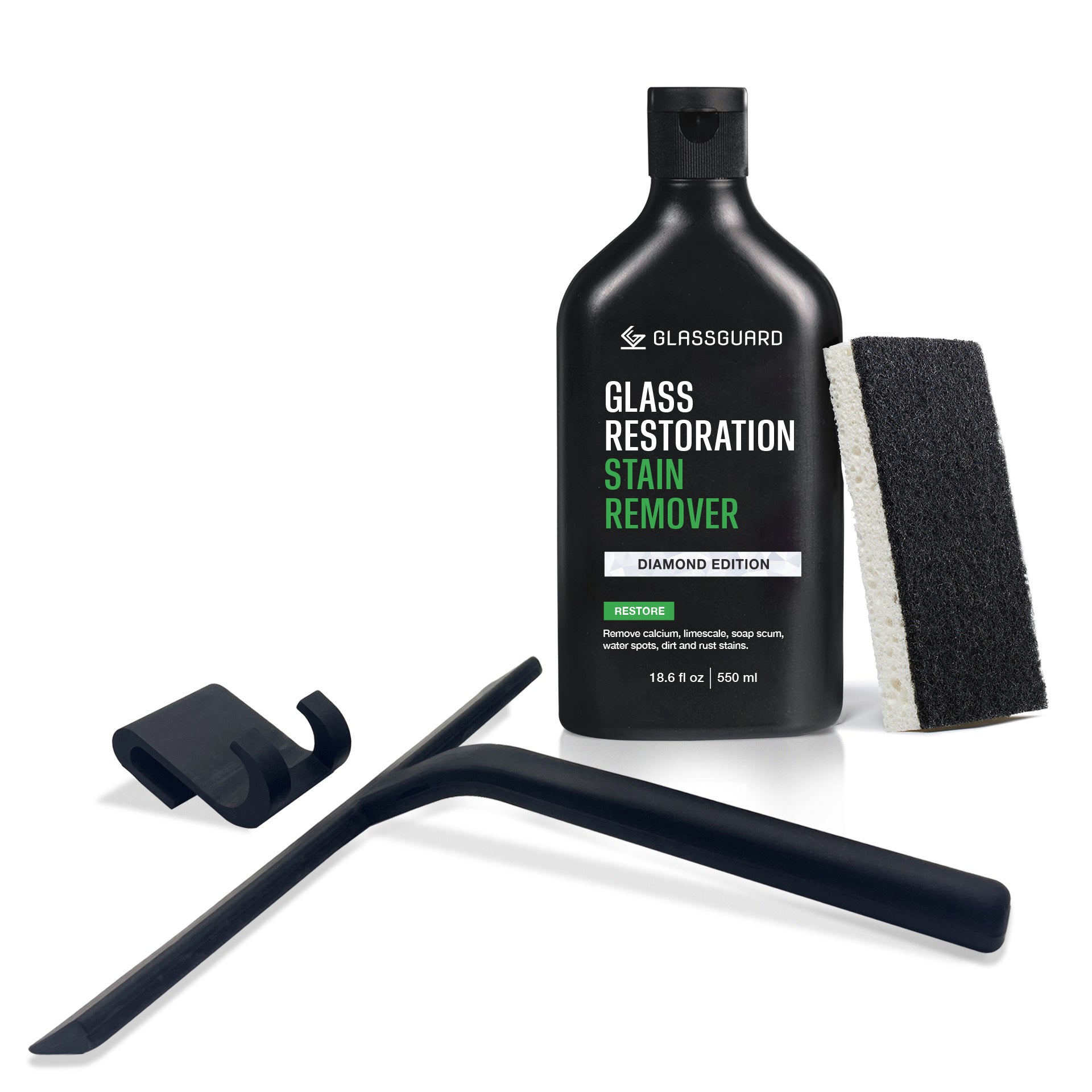 GLASSGUARD Glass Stain Remover + Black Silicone Squeegee Bundle with Glass Restoration Stain Remover Diamond Edition bottle and squeegee for removing hard water stains, soap scum, and mineral build-up from glass and smooth surfaces.