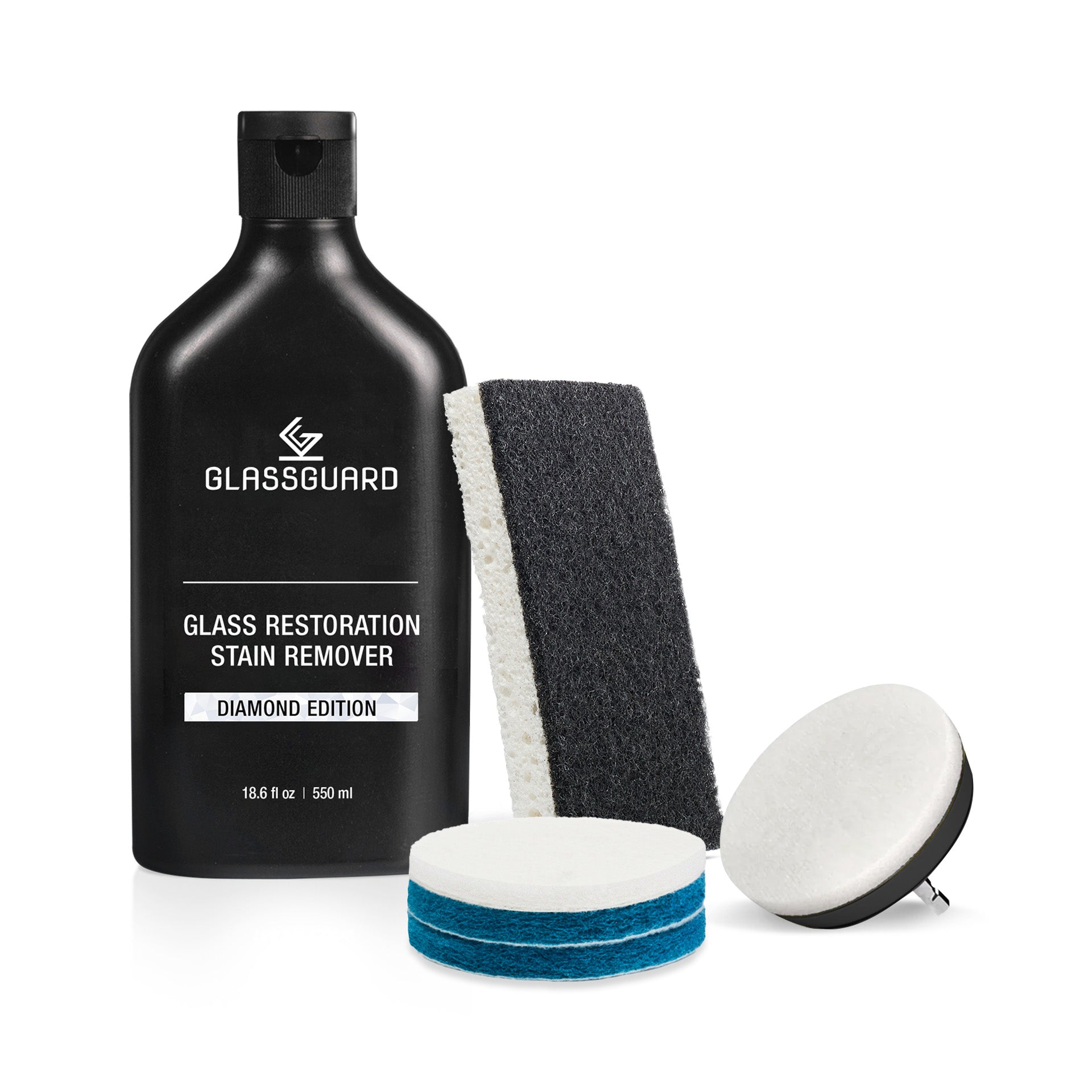 Glass Stain Remover + Drill Scrubbing Pads Bundle