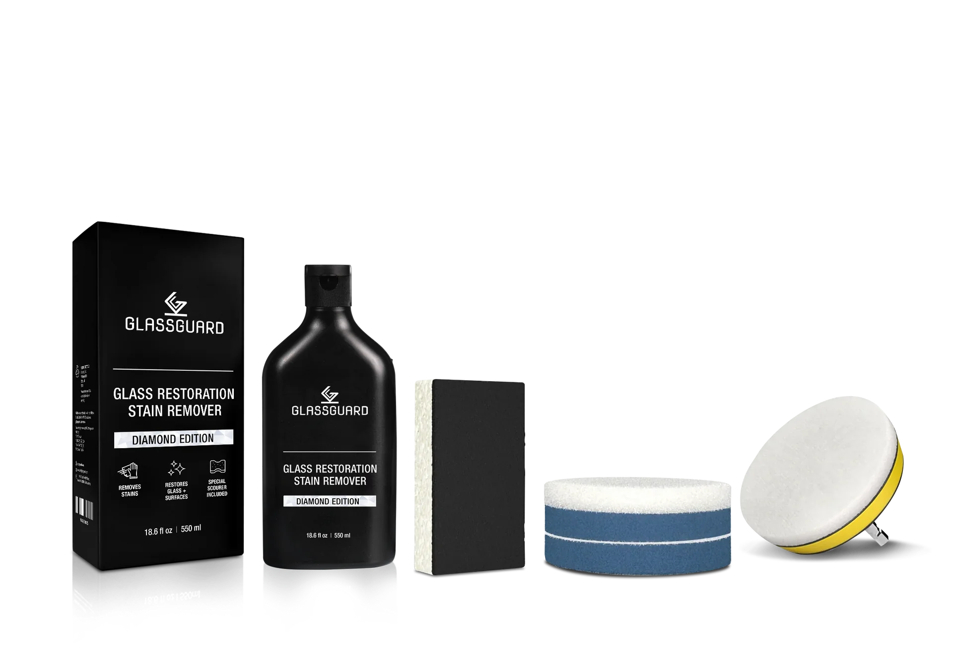 GLASSGUARD™ Glass Stain Remover + Drill Scrubbing Pads Bundle